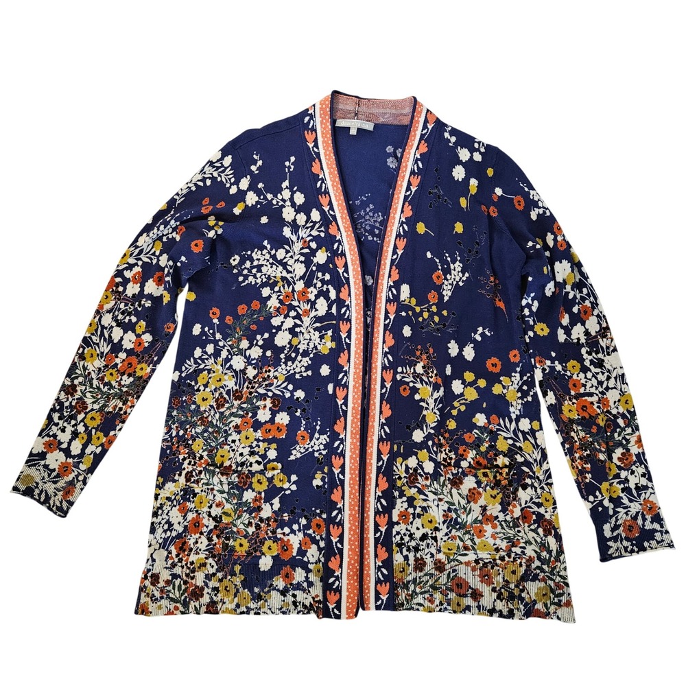 Daniel Rainn Womens Blue Floral Open Front Cardigan Sweater Garden Boho Large